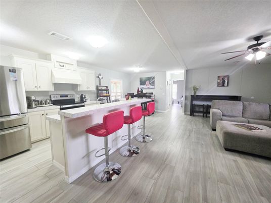 Interior, Kitchen, Living room, Stainless Steel Appliances, Wood Texture Flooring