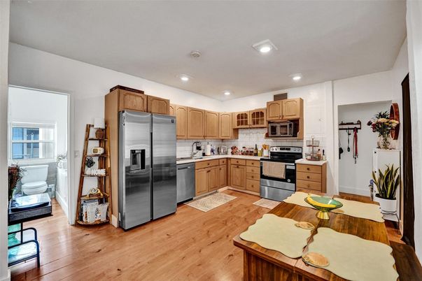 Interior, Kitchen, Recessed Lighting, Stainless Steel Appliances, Wood Texture Flooring