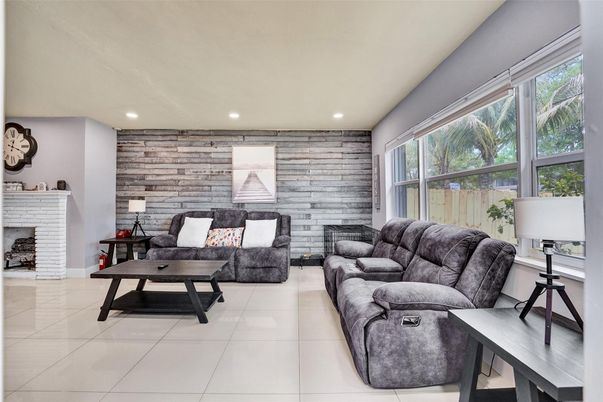 Fireplace, Interior, Living room, Recessed Lighting, Wooden Walls