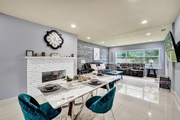 Dining room, Fireplace, Interior, Living room, Recessed Lighting