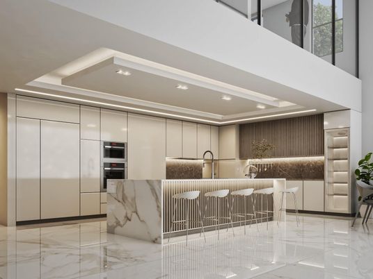 Interior, Kitchen, Marble, Recessed Lighting, Stainless Steel Appliances