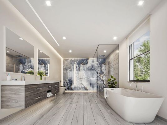 Bathroom, Free Standing Baths, Glass Shower, Interior, Recessed Lighting, Wood Texture Flooring