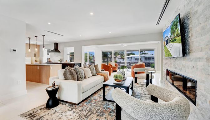 Fireplace, Interior, Kitchen, Living room, Pendant Lights, Recessed Lighting, Stone Walls