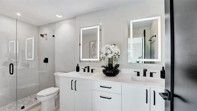 Bathroom, Dual Sink Vanities, Glass Shower, Interior, Recessed Lighting