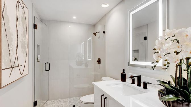 Bathroom, Dual Sink Vanities, Glass Shower, Interior, Recessed Lighting