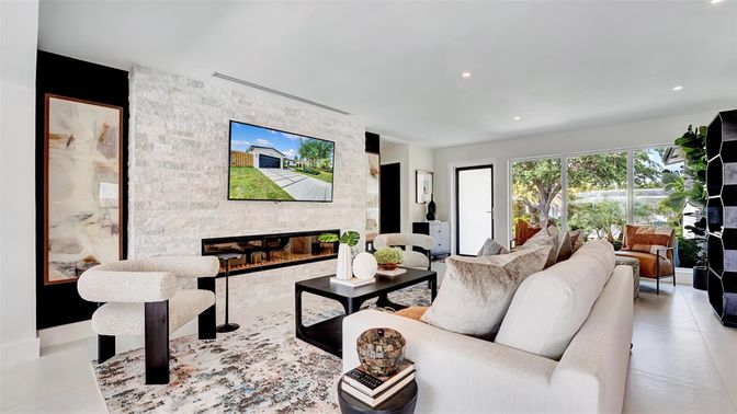 Fireplace, Interior, Living room, Recessed Lighting, Stone Walls