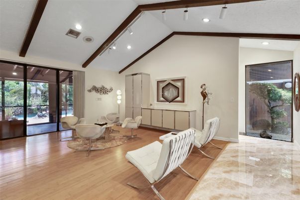 Interior, Living room, Recessed Lighting, Wooden Beams, Wood Texture Flooring