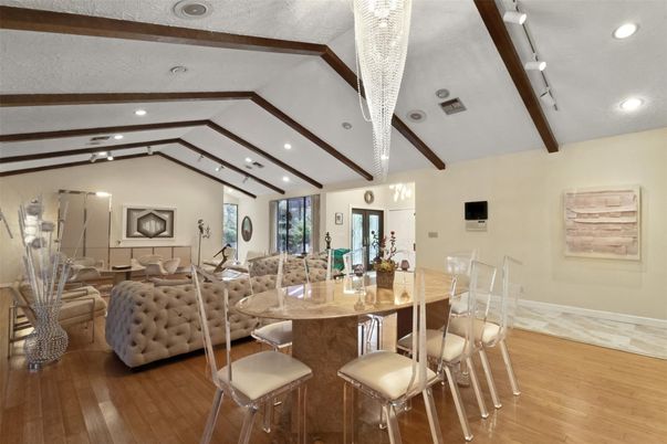 Dining room, Interior, Living room, Recessed Lighting, Wooden Beams, Wood Texture Flooring