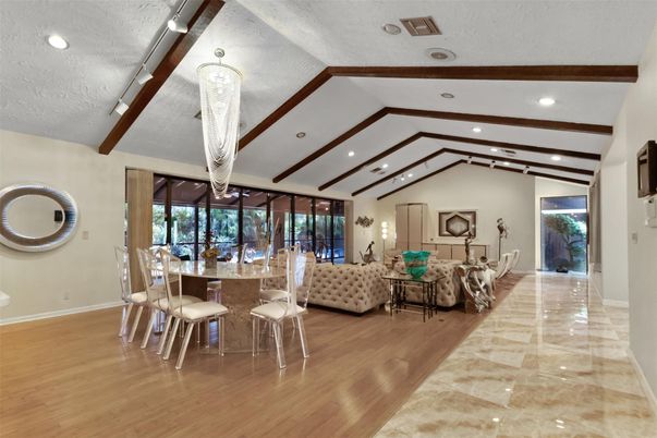 Chandelier, Dining room, Interior, Living room, Recessed Lighting, Wooden Beams, Wood Texture Flooring