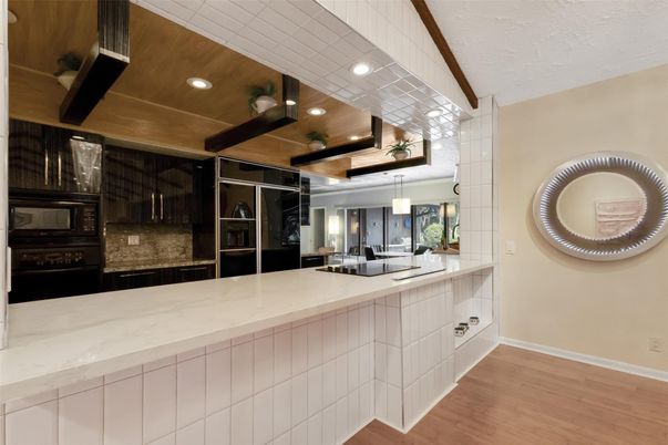 Interior, Kitchen, Pendant Lights, Recessed Lighting, Stainless Steel Appliances, Wooden Ceilings, Wood Texture Flooring
