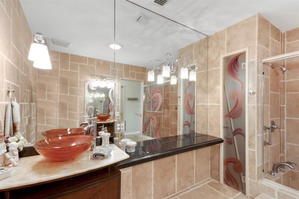 Bathroom, Glass Shower, Interior, Pendant Lights