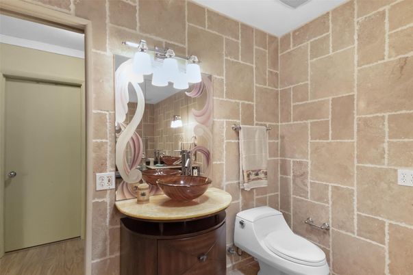 Bathroom, Interior, Stone Walls, Wood Texture Flooring