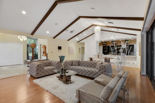 Chandelier, Interior, Living room, Recessed Lighting, Wooden Beams, Wood Texture Flooring
