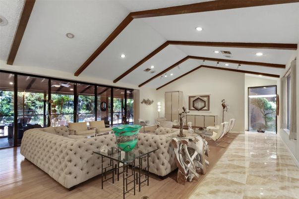 Interior, Living room, Recessed Lighting, Wooden Beams, Wood Texture Flooring