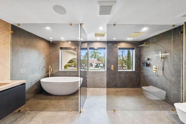 Bathroom, Free Standing Baths, Glass Shower, Interior, Marble Walls, Recessed Lighting