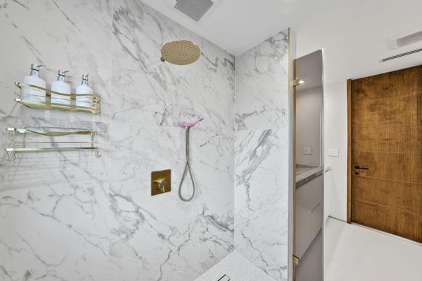Bathroom, Glass Shower, Interior, Marble Walls