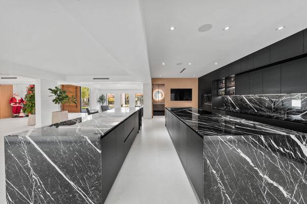 Fireplace, Interior, Kitchen, Living room, Marble Walls, Recessed Lighting
