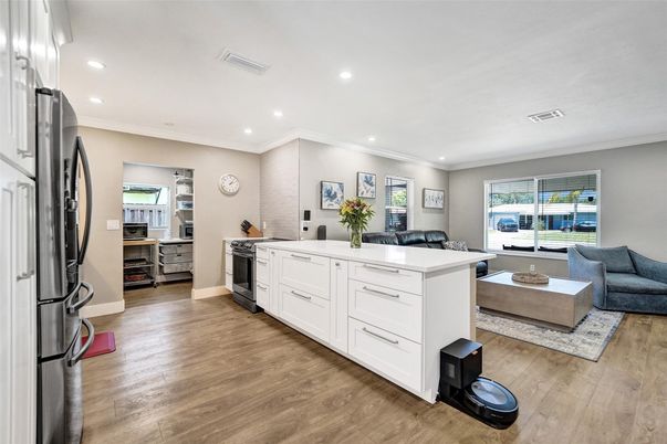 Interior, Kitchen, Living room, Recessed Lighting, Stainless Steel Appliances, Wood Texture Flooring