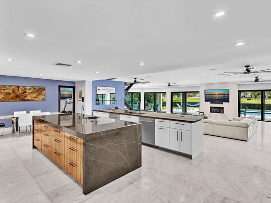 Dining room, Fireplace, Interior, Kitchen, Living room, Marble, Recessed Lighting