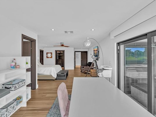 Bedroom, Interior, Recessed Lighting, Wood Texture Flooring
