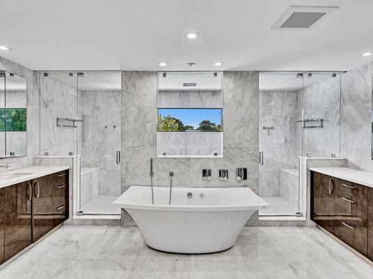 Bathroom, Dual Sink Vanities, Free Standing Baths, Glass Shower, Interior, Marble, Marble Walls, Recessed Lighting
