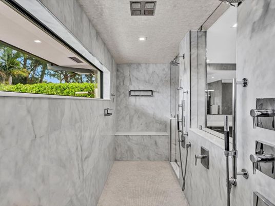 Bathroom, Glass Shower, Interior, Marble Walls, Recessed Lighting