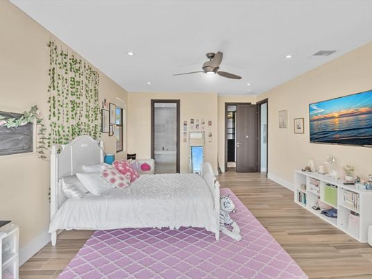 Bedroom, Interior, Recessed Lighting, Wood Texture Flooring