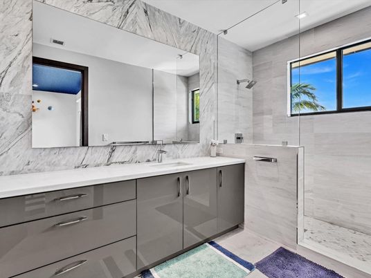 Bathroom, Glass Shower, Interior, Marble Walls, Recessed Lighting