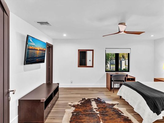 Bedroom, Interior, Recessed Lighting, Wood Texture Flooring