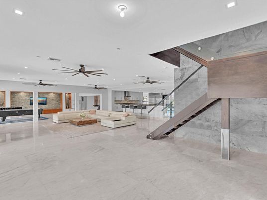 Interior, Living room, Marble, Recessed Lighting, Stone Walls