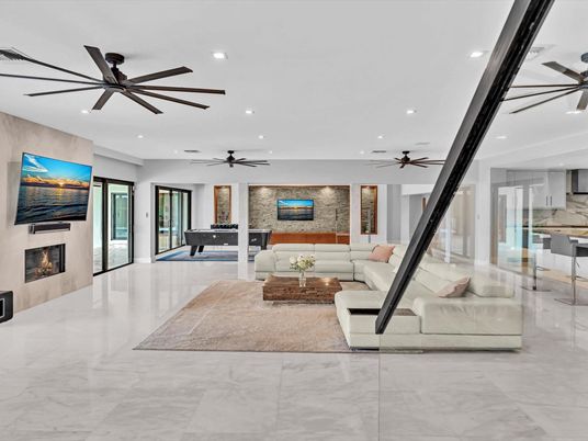 Billiard Table, Fireplace, Game Room, Interior, Living room, Marble, Recessed Lighting, Stone Walls