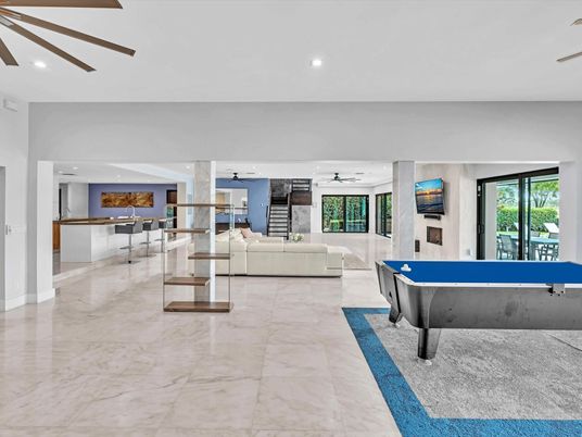 Billiard Table, Fireplace, Game Room, Interior, Living room, Marble, Recessed Lighting