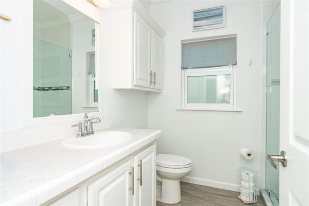 Bathroom, Interior, Tile Countertops, Wood Texture Flooring