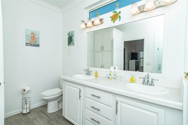 Bathroom, Dual Sink Vanities, Interior, Tile Countertops, Wood Texture Flooring