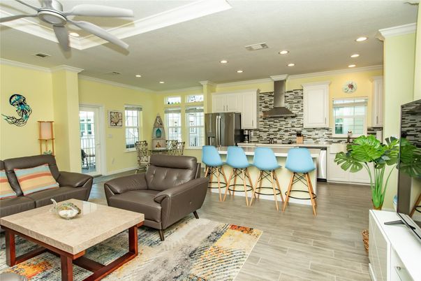 Interior, Kitchen, Living room, Recessed Lighting, Stainless Steel Appliances, Wood Texture Flooring