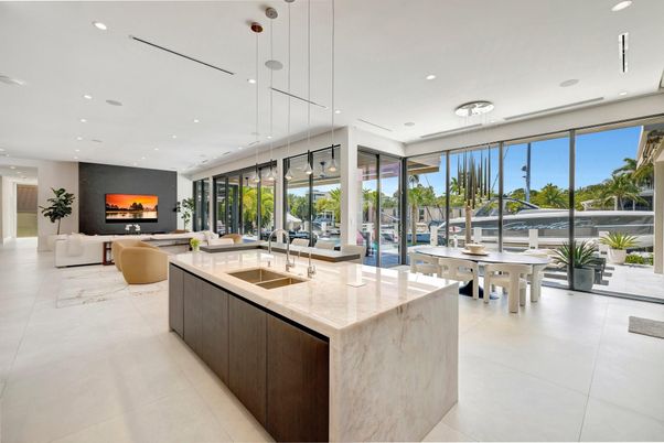 Dining room, Fireplace, Interior, Kitchen, Living room, Pendant Lights, Recessed Lighting