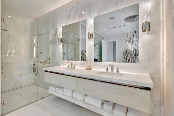 Bathroom, Dual Sink Vanities, Glass Shower, Interior, Pendant Lights, Recessed Lighting