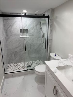 Bathroom, Glass Shower, Interior, Marble, Marble Walls, Recessed Lighting