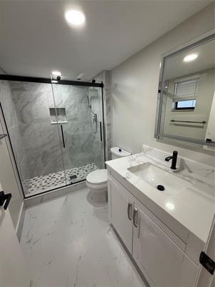 Bathroom, Glass Shower, Interior, Marble, Marble Walls, Recessed Lighting