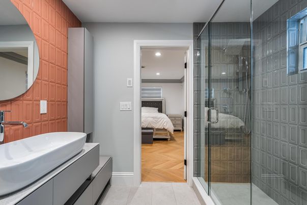 Bathroom, Bedroom, Glass Shower, Interior, Recessed Lighting, Wood Texture Flooring