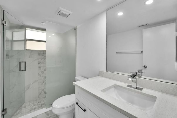 Bathroom, Glass Shower, Interior, Marble Walls, Recessed Lighting