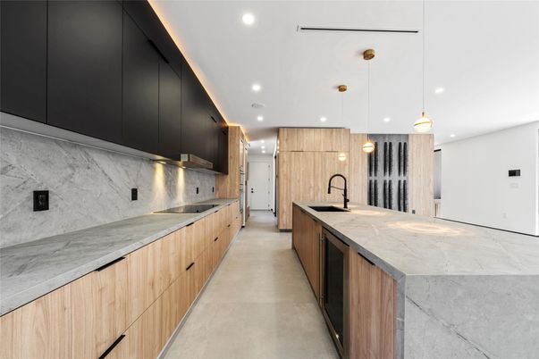 Interior, Kitchen, Marble Walls, Pendant Lights, Recessed Lighting