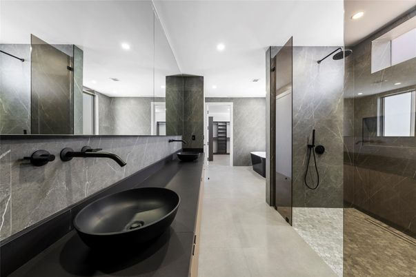 Bathroom, Dual Sink Vanities, Glass Shower, Interior, Recessed Lighting