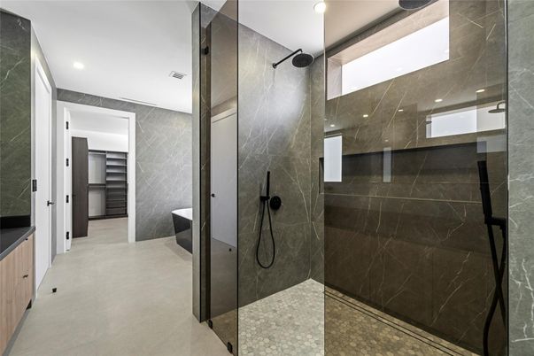 Bathroom, Glass Shower, Interior, Marble Walls, Recessed Lighting