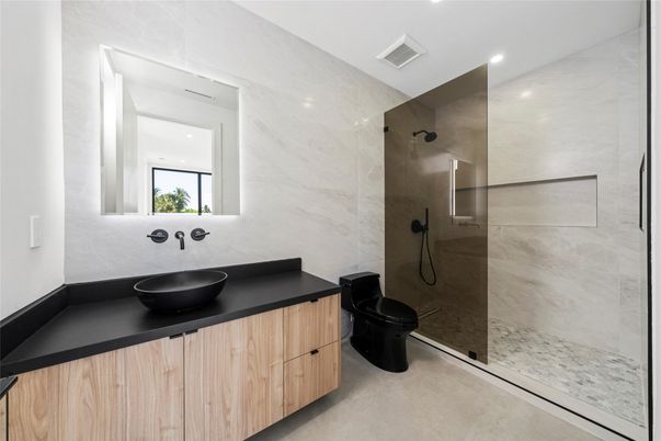 Bathroom, Glass Shower, Interior, Marble Walls, Recessed Lighting