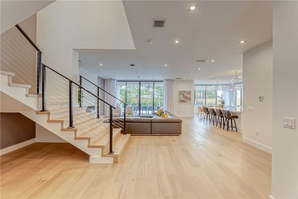 Dining room, Interior, Living room, Pendant Lights, Recessed Lighting, Wood Texture Flooring