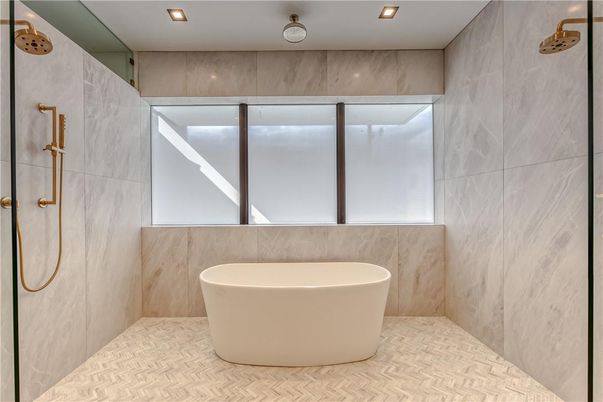 Bathroom, Free Standing Baths, Interior, Marble Walls, Recessed Lighting