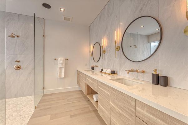 Bathroom, Dual Sink Vanities, Glass Shower, Interior, Recessed Lighting, Wood Texture Flooring