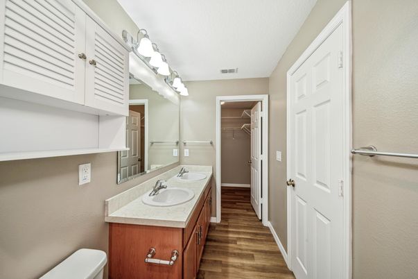 Bathroom, Dual Sink Vanities, Interior, Wood Texture Flooring