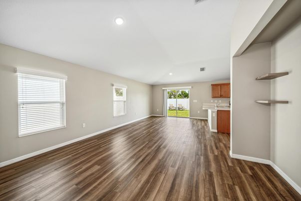 Empty room, Interior, Kitchen, Recessed Lighting, Wood Texture Flooring